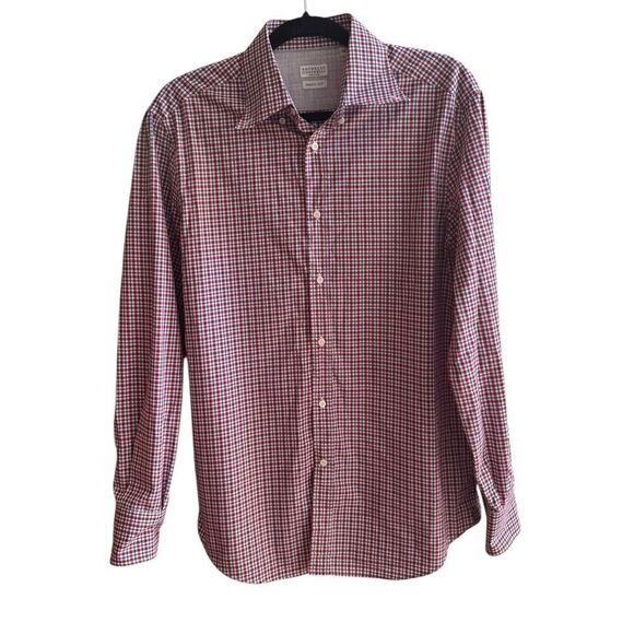 Brunello Cucinelli Men's Blue White Red Plaid Print Cotton Basic Fit Shirt M - Picture 1 of 5
